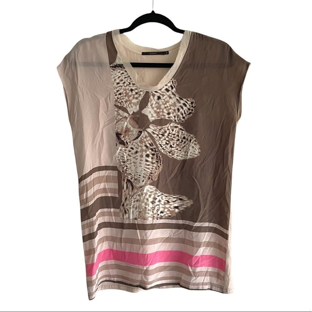 SEVENTY Silk Short Sleeve Crew Neck Blouse Print Tan Pink 40 IT